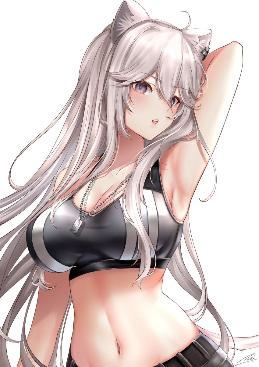 1girl absurdres ahoge animal_ears arm_up armpits breasts dog_tags feron_(fenuxron) grey_eyes grey_hair highres hololive large_breasts lion_ears long_hair midriff navel official_alternate_costume shishiro_botan signature sports_bra upper_body virtual_youtuber white_background
