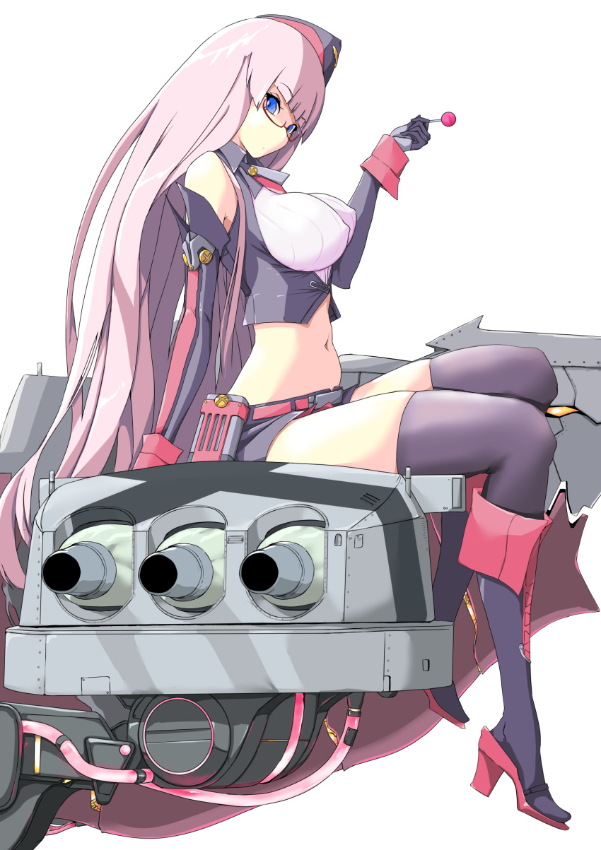 1girl absurdres azur_lane blue_eyes boots breasts candy cannon closed_mouth commentary_request covered_nipples cutoffs elbow_gloves food from_side glasses gloves gneisenau_(azur_lane) hat head_tilt high_heel_boots high_heels highres large_breasts light_purple_hair lollipop long_hair looking_at_viewer midriff navel p.i.t.d peaked_cap rigging semi-rimless_eyewear short_shorts shorts sitting solo stomach thigh-highs thighs very_long_hair