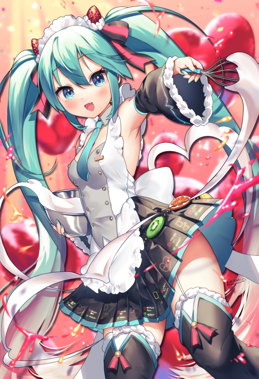 1girl :d apron aqua_hair aqua_nails aqua_neckwear arm_up armpits artist_name bare_shoulders black_legwear black_skirt blue_eyes blush bowl breasts commentary_request cream detached_sleeves fang feet_out_of_frame food-themed_hair_ornament fur-trimmed_legwear fur-trimmed_sleeves fur_trim garter_straps hair_ornament hatsune_miku heart highres holding holding_bowl kirisaki_shuusei long_hair long_sleeves looking_at_viewer maid_headdress miniskirt nail_polish necktie open_mouth outstretched_arm pleated_skirt sidelocks signature skirt small_breasts smile solo standing strawberry_hair_ornament thigh-highs thighs twintails very_long_hair vocaloid waist_apron whisk white_apron zettai_ryouiki