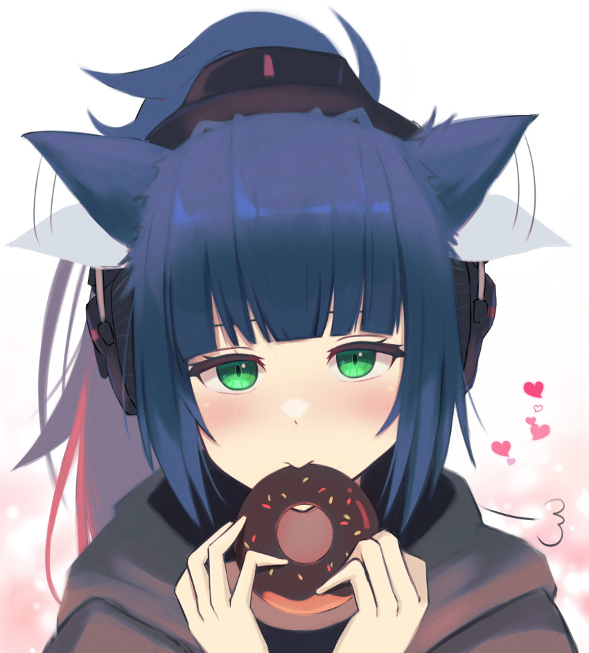 1girl absurdres afterimage animal_ears arknights black_jacket blue_hair blush cat_ears commentary_request doughnut ear_wiggle eating food green_eyes headset heart highres holding holding_food implied_extra_ears jacket jessica_(arknights) long_hair looking_at_viewer motion_lines ponytail portrait sanukiske sidelocks simple_background solo white_background