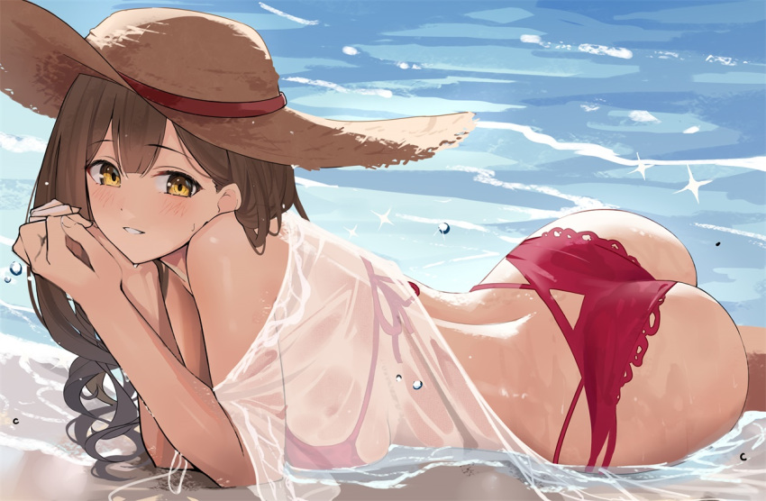 1girl ass bangs bare_shoulders bikini blush breast_press breasts brown_hair brown_headwear commentary_request day eyebrows_visible_through_hair gin00 hat idolmaster idolmaster_shiny_colors kuwayama_chiyuki large_breasts long_hair looking_at_viewer lying off_shoulder on_stomach outdoors own_hands_together parted_lips pink_bikini see-through shallow_water shirt short_sleeves sideboob solo sparkle sun_hat swimsuit water wet wet_clothes wet_shirt white_shirt yellow_eyes