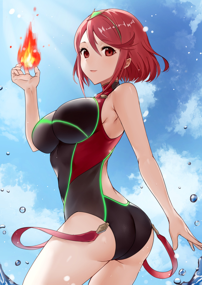 1girl ass backless_outfit bare_arms bare_shoulders black_swimsuit blue_sky breasts casual_one-piece_swimsuit closed_mouth clouds cowboy_shot day fire flame from_behind haru_(nakajou-28) highres large_breasts looking_at_viewer looking_back neon_trim official_alternate_costume one-piece_swimsuit outdoors pyra_(pro_swimmer)_(xenoblade) pyra_(xenoblade) pyrokinesis red_eyes redhead short_hair sky smile solo swimsuit tiara twisted_torso water xenoblade_chronicles_(series) xenoblade_chronicles_2