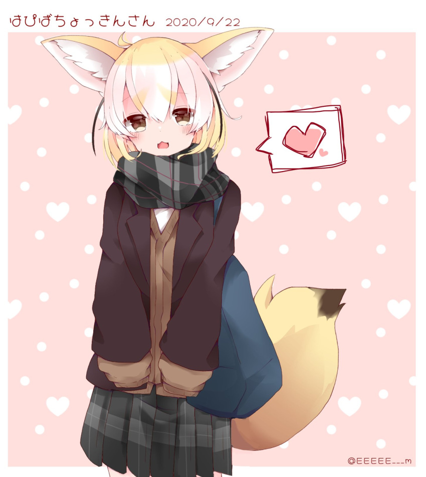1girl animal_ear_fluff animal_ears bangs black_coat blonde_hair border brown_cardigan brown_eyes cardigan casual coat commentary_request cowboy_shot dated eeeee_m fennec_(kemono_friends) fox_ears fox_tail grey_scarf grey_skirt heart highres kemono_friends looking_at_viewer miniskirt open_mouth outside_border pink_background plaid plaid_scarf plaid_skirt pleated_skirt polka_dot polka_dot_background scarf short_hair skirt solo spoken_heart standing tail translation_request twitter_username white_border