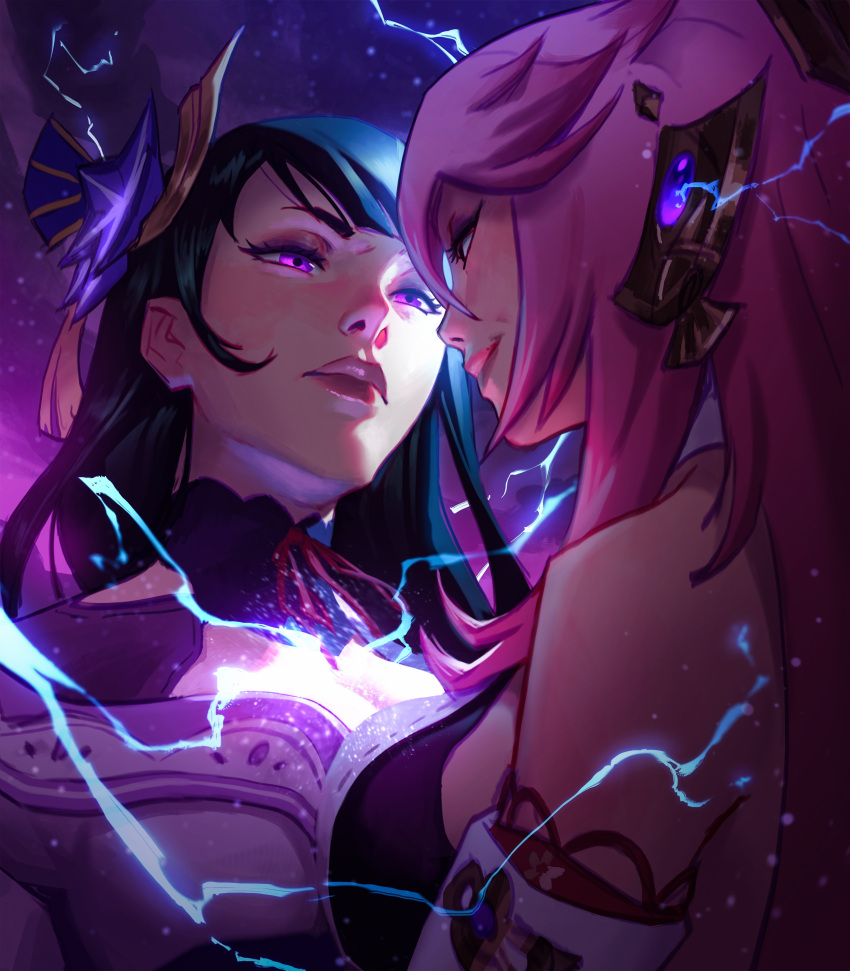 2girls absurdres breast_press electricity eyeshadow genshin_impact highres jeremy_anninos lips makeup multiple_girls nose pink_hair purple_hair raiden_shogun smile symmetrical_docking upper_body violet_eyes yae_(genshin_impact)