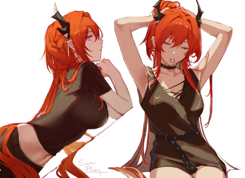 1girl arknights armpits arms_behind_head arms_up artist_name bangs belt breasts character_name choker closed_eyes crop_top dress earrings eyebrows_visible_through_hair from_side hair_bun hair_over_shoulder highres horns jewelry large_breasts long_hair navel official_alternate_costume pinlin pose redhead simple_background surtr_(arknights) surtr_(liberte_echec)_(arknights) violet_eyes white_background