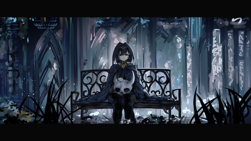 1girl absurdres bench black_legwear blue_eyes blue_hair brooch cape earrings grass heart heart_earrings highres hollow_knight hololive hololive_english jewelry letterboxed looking_at_viewer mask mask_removed medium_hair ouro_kronii sitting solo virtual_youtuber vyragami