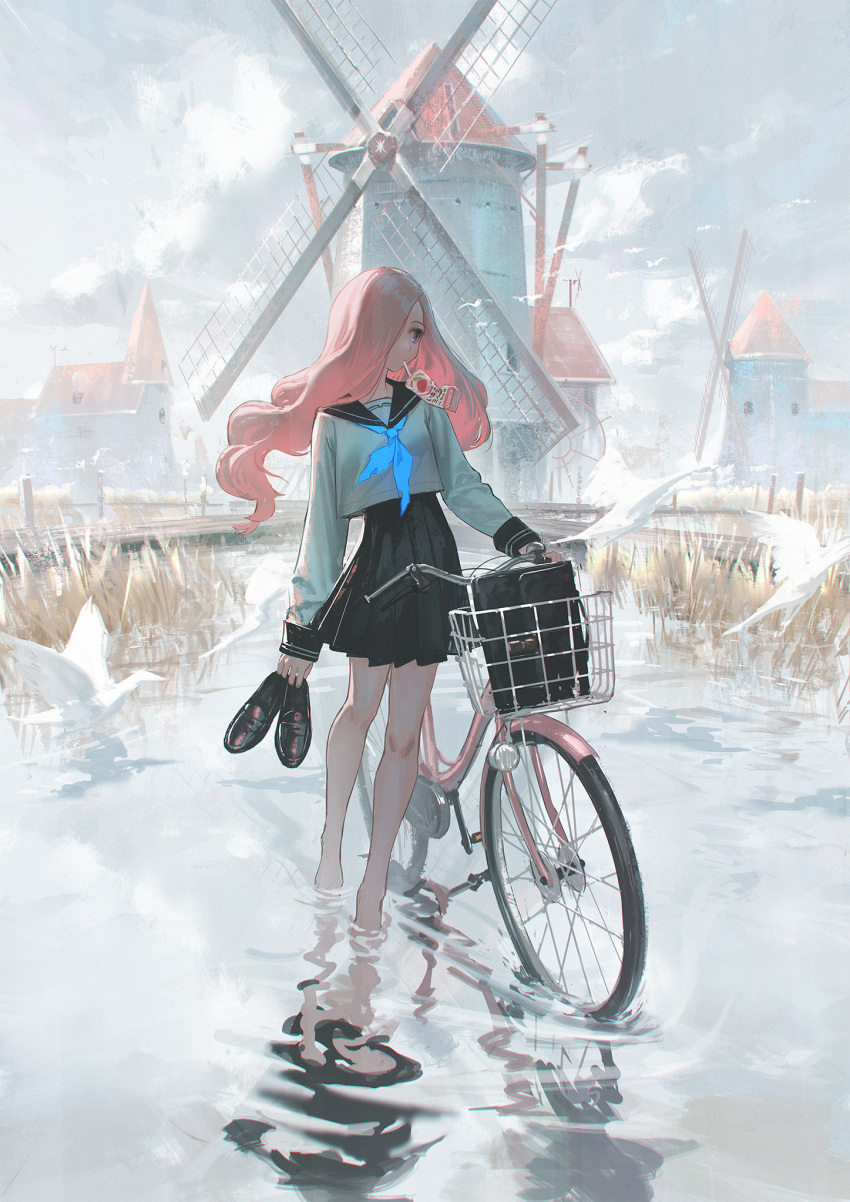 1girl bag barefoot bicycle bird black_skirt blue_neckwear clouds drinking_straw drinking_straw_in_mouth ground_vehicle hair_over_one_eye highres holding holding_shoes juice_box long_hair neckerchief original outdoors pink_hair reflection reoen sailor_collar school_bag school_uniform shirt shoes skirt sky water watermill wavy_hair white_shirt windmill