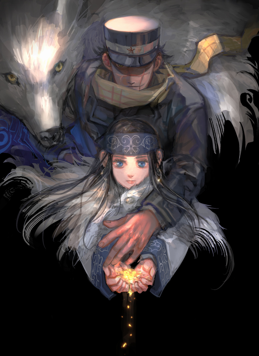 1boy 1girl absurdres animal asirpa black_background black_hair black_headwear black_jacket blue_eyes blue_headband closed_mouth golden_kamuy hat headband highres jacket long_hair long_sleeves looking_at_viewer military_hat nira_(nira_box) open_hands retar scar scar_on_face scarf short_hair simple_background smile sugimoto_saichi upper_body white_jacket wide_sleeves wolf yellow_scarf