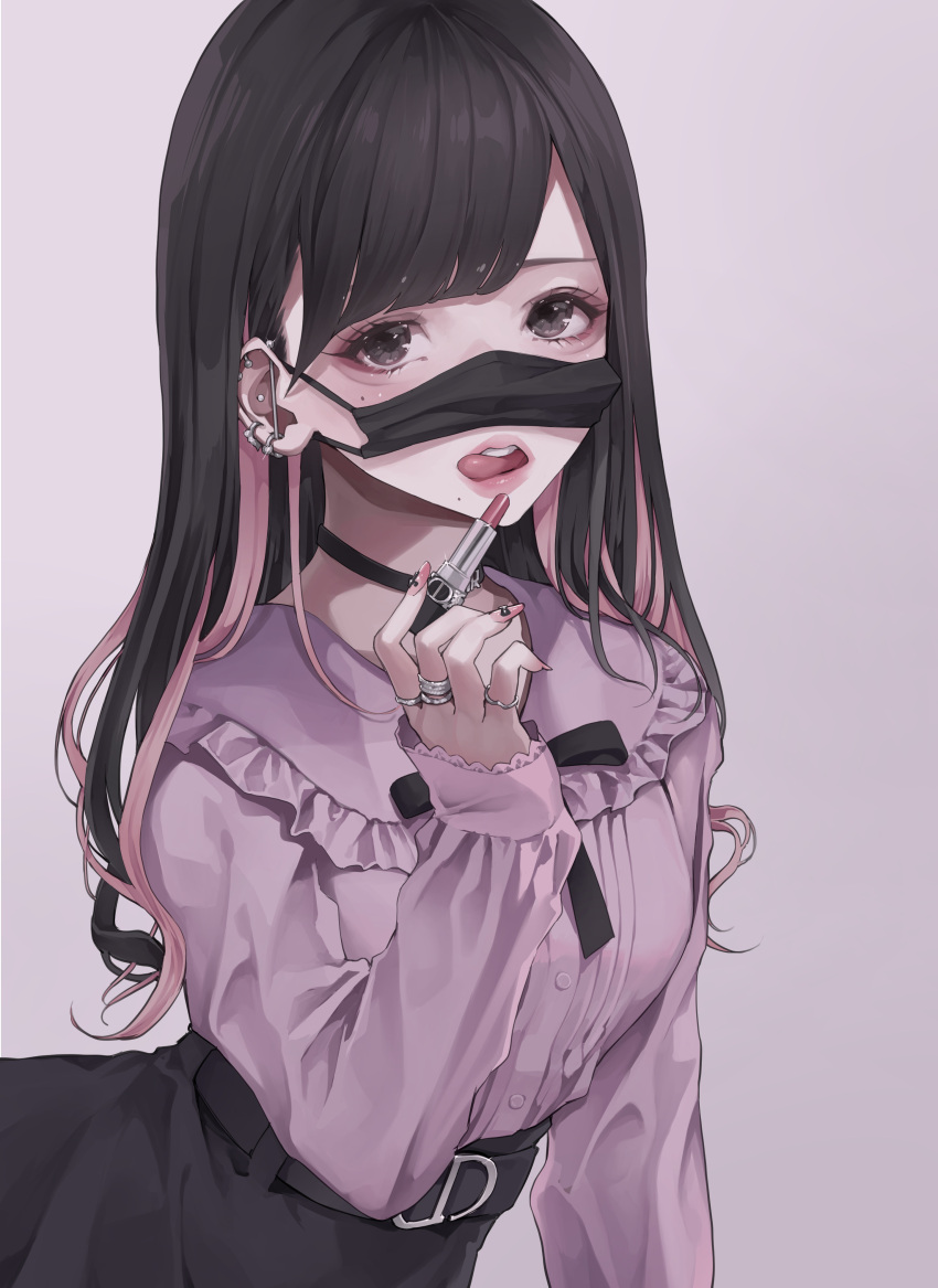 1girl absurdres belt black_eyes black_hair cosmetics dress ear_piercing grey_background highres industrial_piercing jewelry koh_(minagi_kou) licking_lips lipstick_tube long_sleeves looking_at_viewer mask mask_lift mole mole_under_eye mole_under_mouth mouth_mask multicolored_hair nail_polish original piercing pink_nails ring simple_background solo streaked_hair surgical_mask tongue tongue_out upper_body