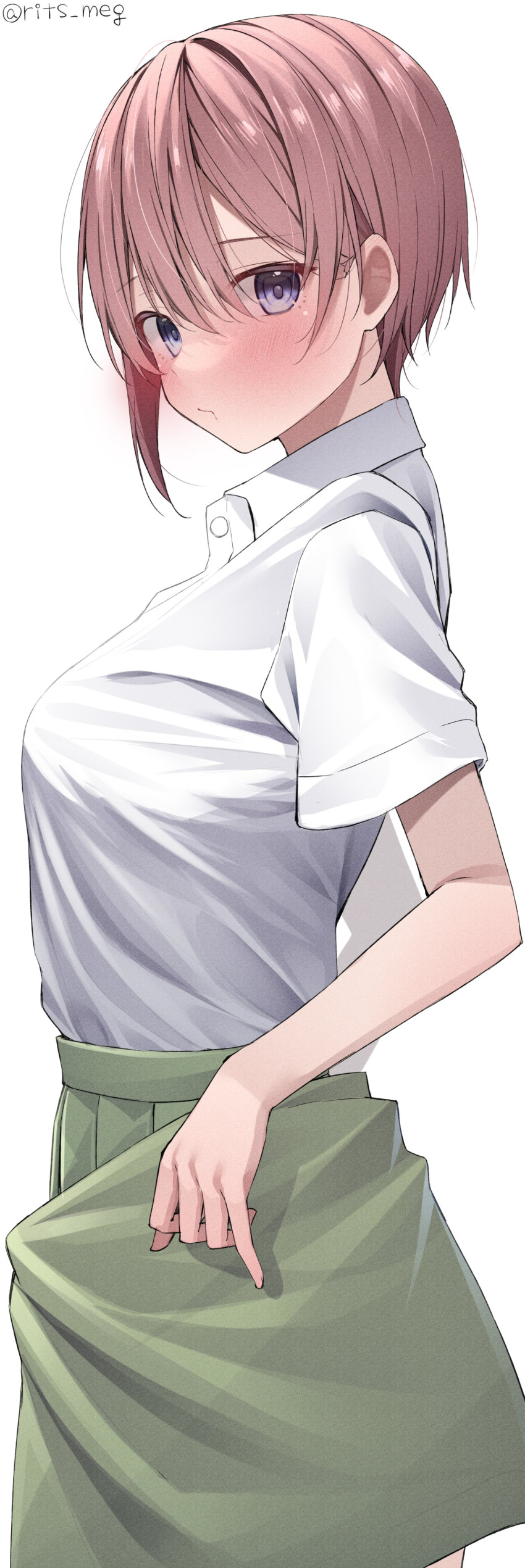 1girl absurdres bangs blue_eyes blush breasts collarbone collared_shirt cowboy_shot cropped_legs dress_shirt eyebrows_visible_through_hair go-toubun_no_hanayome green_skirt hair_between_eyes highres large_breasts looking_at_viewer nakano_ichika pink_hair pleated_skirt pursed_lips rits_(apud8788) shiny shiny_hair shirt short_hair short_sleeves simple_background skirt solo twitter_username white_background white_shirt