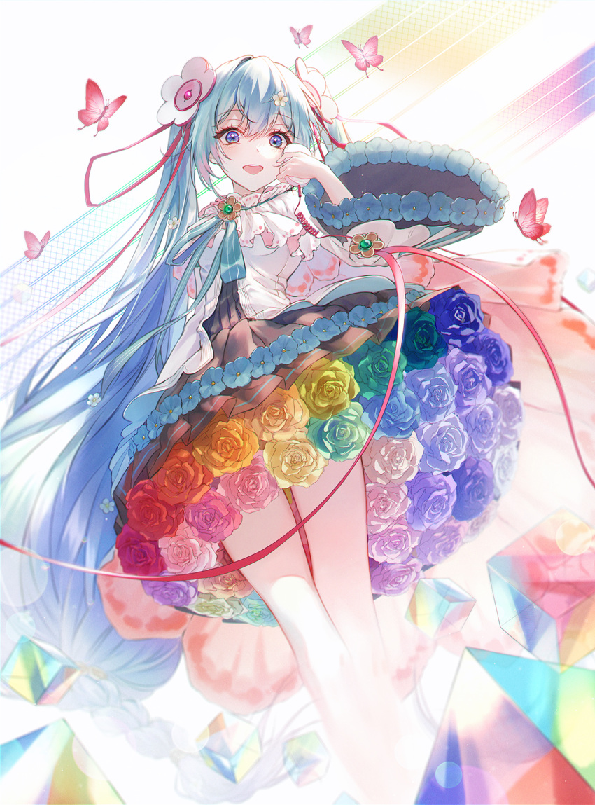 1girl aqua_flower aqua_rose bare_legs blue_eyes blue_flower blue_hair blue_ribbon blue_rose blurry bokeh braid brooch bug butterfly cable capelet colorful cube depth_of_field dot_nose dress dress_flower dutch_angle eyebrows_visible_through_hair eyelashes feet_out_of_frame flower gradient gradient_background green_flower green_rose hair_between_eyes hair_flower hair_ornament hand_up happy hatsune_miku highres jewelry legs_together light_blush light_particles long_eyelashes long_hair looking_at_viewer low-tied_long_hair low_twin_braids magical_mirai_(vocaloid) multicolored multicolored_background neck_ribbon open_mouth orange_flower orange_rose pale_skin pink_butterfly pleated_dress purple_flower purple_rose red_flower red_rose ribbon rose sidelocks simple_background smile solo standing striped striped_background striped_ribbon teeth tellmedor thigh_gap tsurime twin_braids twintails upper_teeth very_long_hair vignetting vocaloid white_background white_flower white_rose wide_sleeves yellow_flower yellow_rose