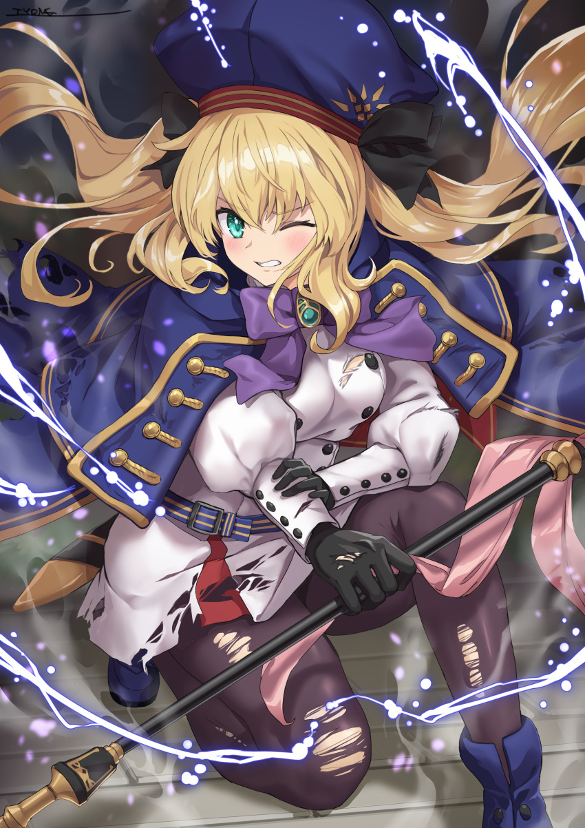 1girl absurdres artoria_pendragon_(caster)_(fate) artoria_pendragon_(fate) bangs belt beret black_gloves black_legwear blonde_hair blue_cape blue_headwear blush breasts buttons cape clenched_teeth double-breasted dress fate/grand_order fate_(series) gloves green_eyes hat highres holding holding_staff hood hooded_cape long_hair long_sleeves looking_at_viewer multicolored multicolored_cape multicolored_clothes one_eye_closed pantyhose red_cape small_breasts solo staff teeth thighs torn_clothes torn_legwear twintails tyone white_dress