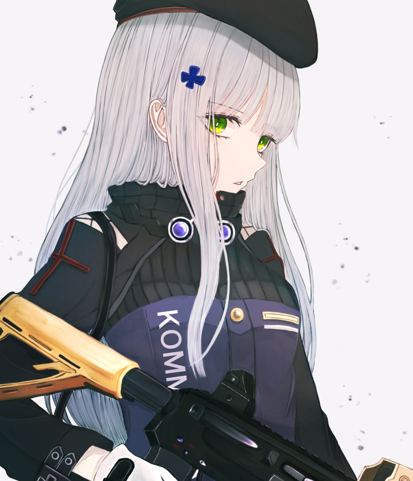 1girl assault_rifle bangs beret breasts crossed_bangs eyebrows_visible_through_hair girls_frontline gloves green_eyes gun h&amp;k_hk416 hair_ornament hairclip hat highres hk416_(girls'_frontline) holding holding_gun holding_weapon long_hair looking_at_viewer open_mouth rifle silver_hair solo tactical_clothes uniform upper_body weapon white_background white_gloves yukiko_(leovioykk)