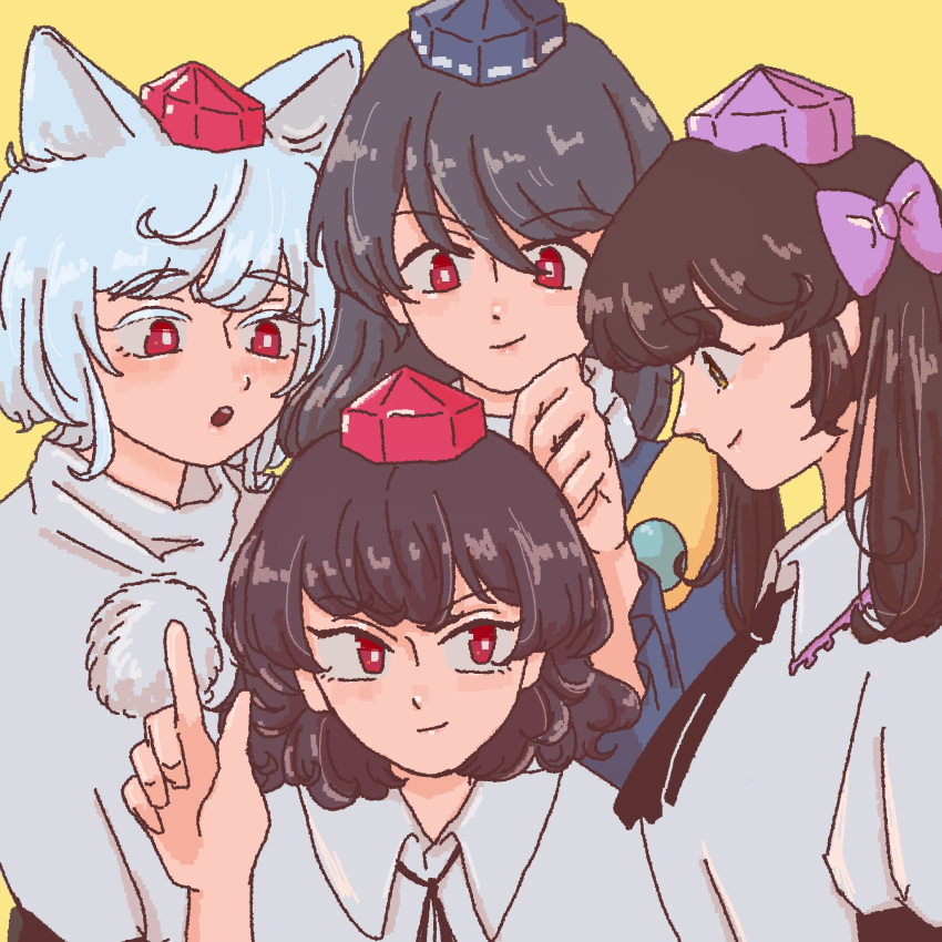 4girls animal_ears bangs belt black_belt black_skirt blue_dress blue_headwear bow breasts brown_eyes brown_neckwear closed_mouth collar collared_shirt dress drnm_p eyebrows_visible_through_hair gem hair_between_eyes hair_bow hand_up hat highres himekaidou_hatate iizunamaru_megumu inubashiri_momiji jewelry long_hair long_sleeves looking_at_another medium_breasts medium_hair multiple_girls necktie open_mouth pink_bow pink_headwear pointing pom_pom_(clothes) puffy_short_sleeves puffy_sleeves red_eyes red_headwear shameimaru_aya shirt short_hair short_sleeves simple_background skirt smile tokin_hat touhou twintails wavy_hair white_hair white_shirt wolf_ears yellow_background