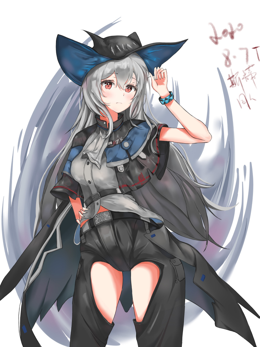 1girl absurdres arknights ascot belt black_belt black_cape black_gloves black_headwear black_pants breasts cape chitangbujiayan closed_mouth clothing_cutout commentary cowboy_shot dated gloves grey_neckwear grey_shirt hair_between_eyes hand_on_hip hat highres long_hair looking_at_viewer pants red_eyes shirt silver_hair simple_background skadi_(arknights) solo thigh_cutout thighs very_long_hair white_background