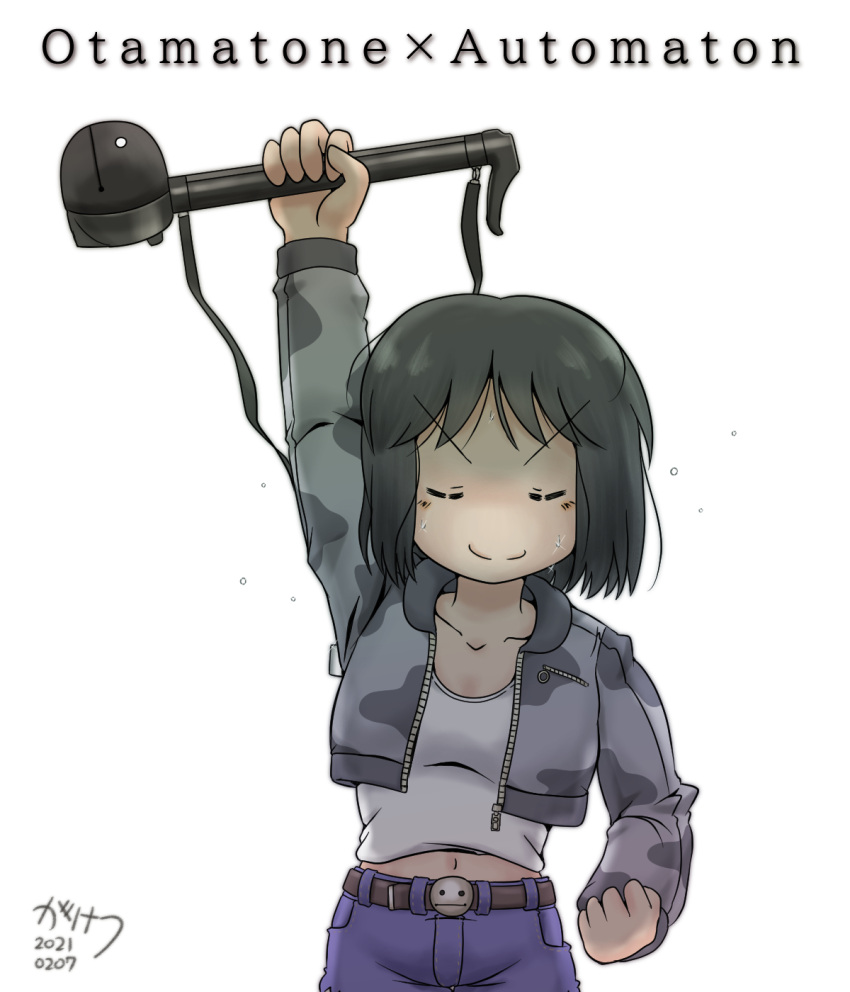 &gt;:) 1girl belt black_hair blue_pants blush camouflage camouflage_jacket casual closed_mouth commentary_request dated denim denim_shorts eyebrows_visible_through_hair gaketsu highres holding holding_instrument holding_toy instrument jacket long_sleeves medium_hair midriff midriff_peek navel nichijou otamatone pants shinonome_nano shirt short_shorts shorts signature simple_background smile solo solo_focus standing sweat toy v-shaped_eyebrows white_background white_shirt winding_key