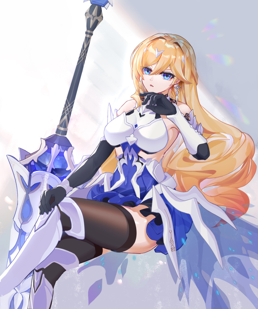 1girl :o absurdres armor armored_boots armored_dress armpits bangs bare_shoulders bianka_durandal_ataegina bianka_durandal_ataegina_(bright_knight:_excelsis) blonde_hair blue_eyes boots crossed_legs dress earrings gauntlets hair_between_eyes hair_ornament highres honkai_(series) honkai_impact_3rd invisible_chair jewelry lance long_hair looking_at_viewer open_mouth polearm sitting sleeveless sleeveless_dress solo wavy_hair weapon wucanming