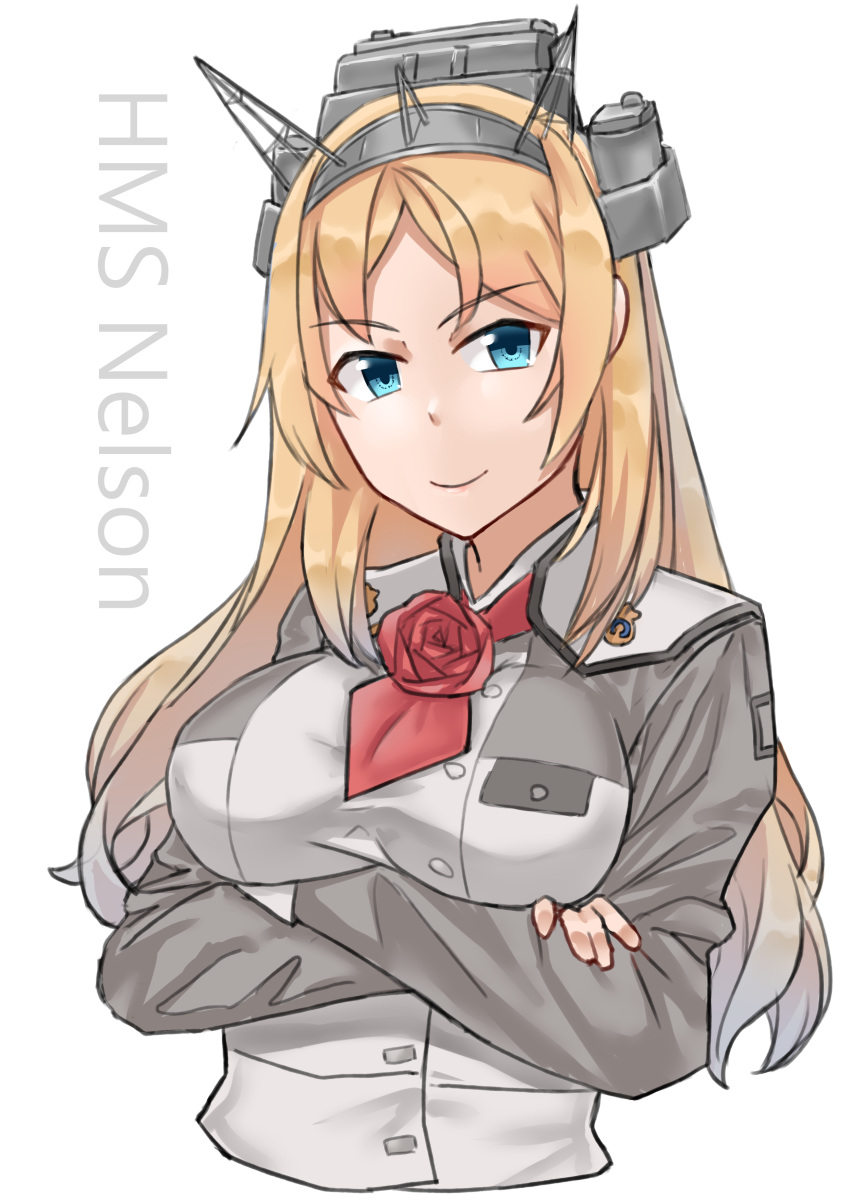 1girl absurdres ascot blonde_hair blue_eyes breasts character_name crossed_arms flower garylin headgear highres kantai_collection large_breasts long_sleeves military military_uniform nelson_(kancolle) red_flower red_neckwear red_rose rose smile solo uniform upper_body