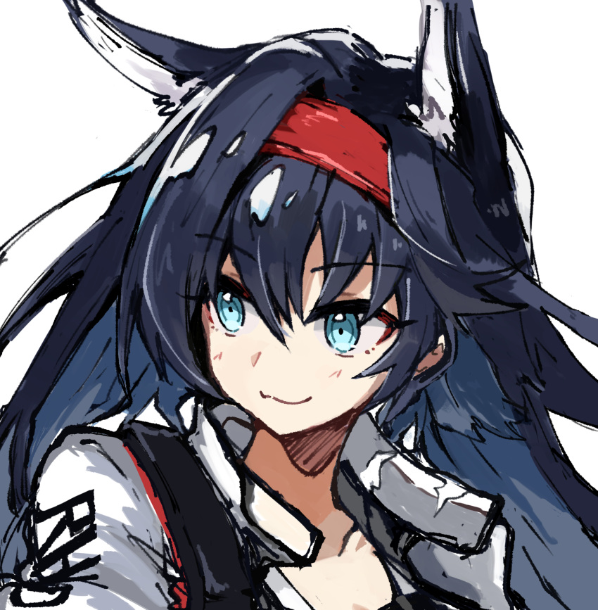 1girl :3 animal_ears arknights bangs black_hair blaze_(arknights) blue_eyes cat_ears cat_girl close-up closed_mouth exion_(neon) hair_between_eyes headband highres jacket long_hair looking_to_the_side portrait simple_background solo white_background white_jacket