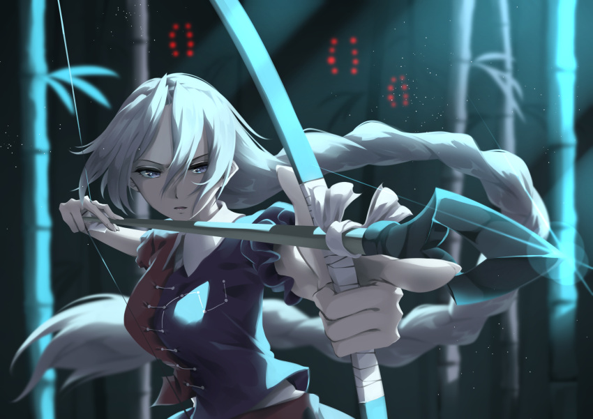 1girl arms_up arrow_(projectile) bamboo bamboo_forest bangs blue_dress bow_(weapon) braid breasts collar collared_dress dress eyebrows_visible_through_hair forest grey_eyes hair_between_eyes hands_up highres light long_hair looking_to_the_side medium_breasts moonlight multicolored multicolored_clothes multicolored_dress nature night no_hat no_headwear open_mouth otomeza_ryuseigun puffy_short_sleeves puffy_sleeves red_dress shadow short_sleeves silver_hair solo touhou weapon yagokoro_eirin