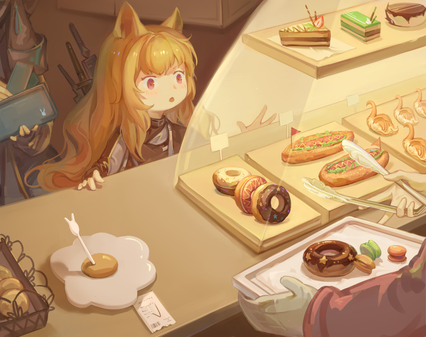 1girl 2others :o absurdres animal_ears arknights black_jacket brown_hair cake cake_slice ceobe_(arknights) chinese_commentary doctor_(arknights) dog_ears doughnut food highres holding_wallet hot_dog jacket long_hair mixed-language_commentary multiple_others red_eyes rlonely_zhuazi solo upper_body weapon weapon_on_back