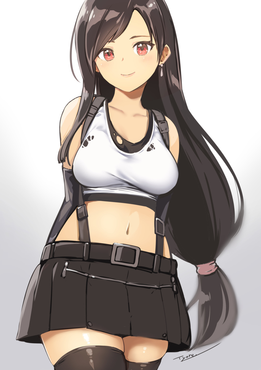 1girl absurdres arms_behind_back bangs bare_shoulders black_gloves black_legwear black_skirt blush breasts brown_hair closed_mouth collarbone crop_top earrings elbow_gloves final_fantasy final_fantasy_vii final_fantasy_vii_remake gloves highres jewelry large_breasts long_hair looking_at_viewer low-tied_long_hair midriff miniskirt navel red_eyes skirt smile solo standing suspender_skirt suspenders tank_top thigh-highs thighs tifa_lockhart tyone white_tank_top zettai_ryouiki