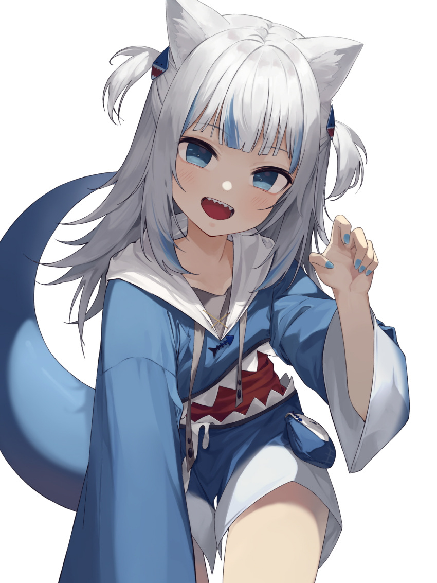 1girl :d animal_ear_fluff animal_ears bangs blue_eyes blue_hair blue_hoodie blue_nails blush cat_ears commentary cowboy_shot drawstring eyebrows_visible_through_hair gawr_gura hair_ornament hand_up highres hololive hololive_english hood hood_down hoodie long_hair long_sleeves looking_at_viewer multicolored_hair nail_polish open_mouth selfie shark_hair_ornament sharp_teeth simple_background smile solo soya_(torga) streaked_hair tail tail_raised teeth two_side_up virtual_youtuber white_background