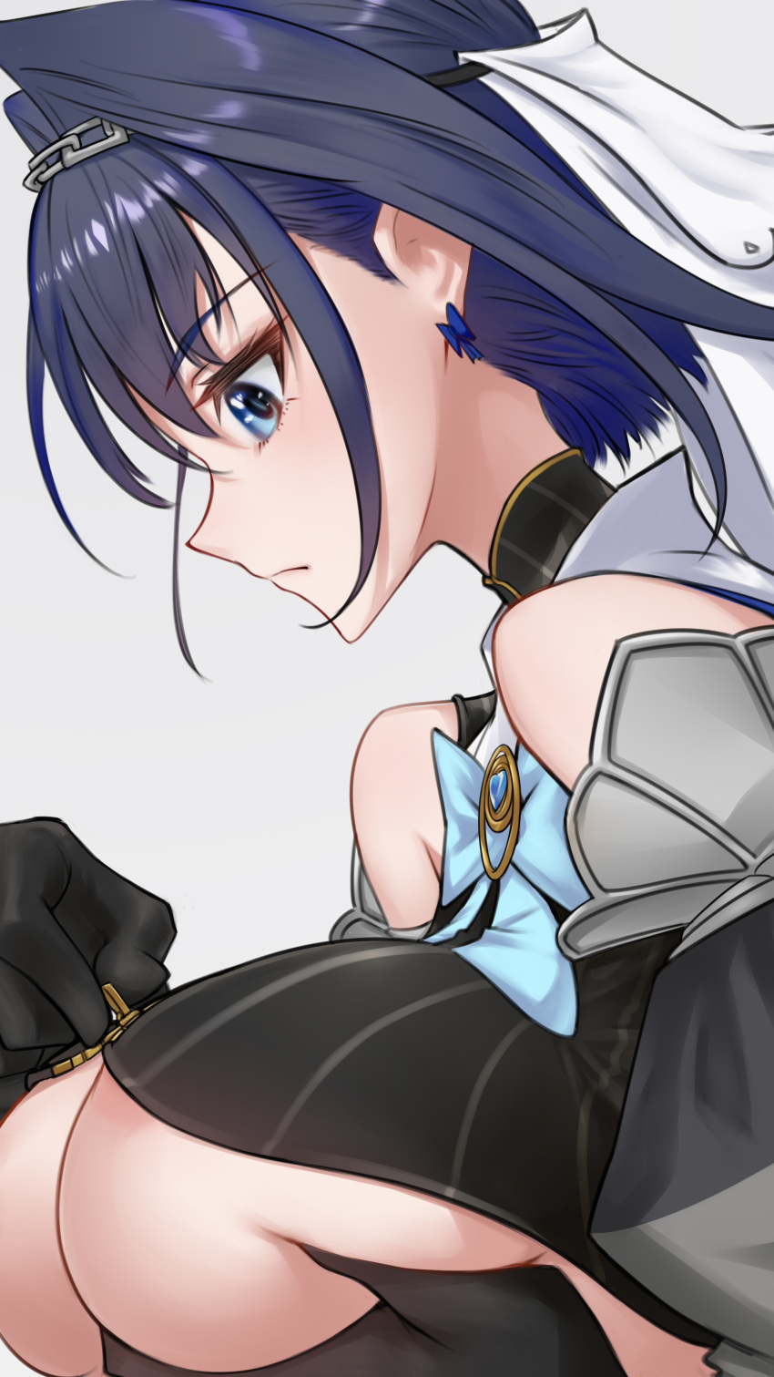 1girl absurdres bare_shoulders black_gloves blue_eyes blue_neckwear blue_sky bow bow_earrings breast_grab breast_hold breasts chain detached_collar earrings eyebrows_visible_through_hair focused gem gloves grabbing hair_between_eyes highres hololive hololive_english jewelry looking_down medium_hair ouro_kronii profile sidelocks simple_background sky solo somebody_(leiking00) upper_body virtual_youtuber white_background zipper zipping
