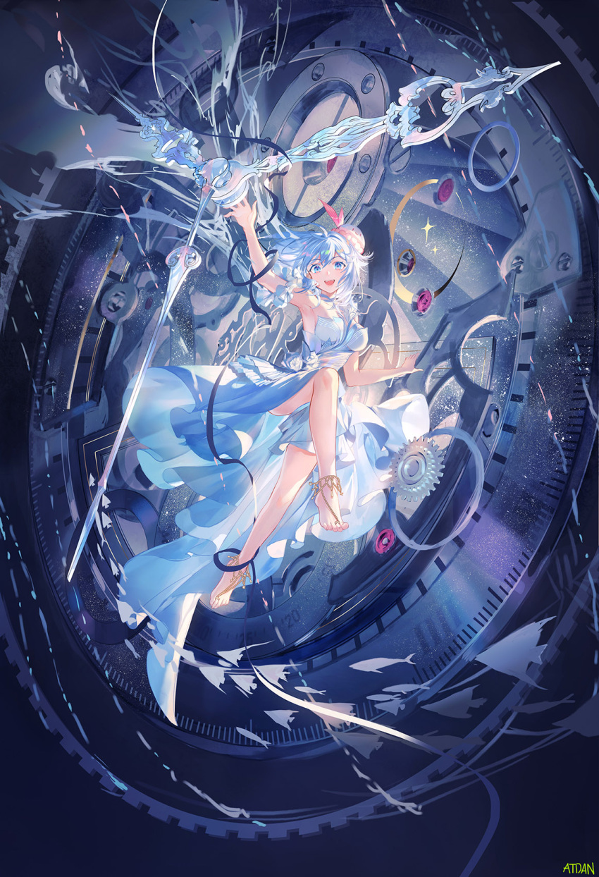 1girl :3 :d anklet arm_up atdan bangs bare_legs barefoot barefoot_sandals blue_dress blue_eyes blue_hair breasts clock commentary_request dress feet fish gears hair_between_eyes haiyi highres jellyfish jellyfish_hair_ornament jewelry legs looking_at_viewer open_mouth revision short_hair smile solo strapless strapless_dress synthesizer_v toe_ring