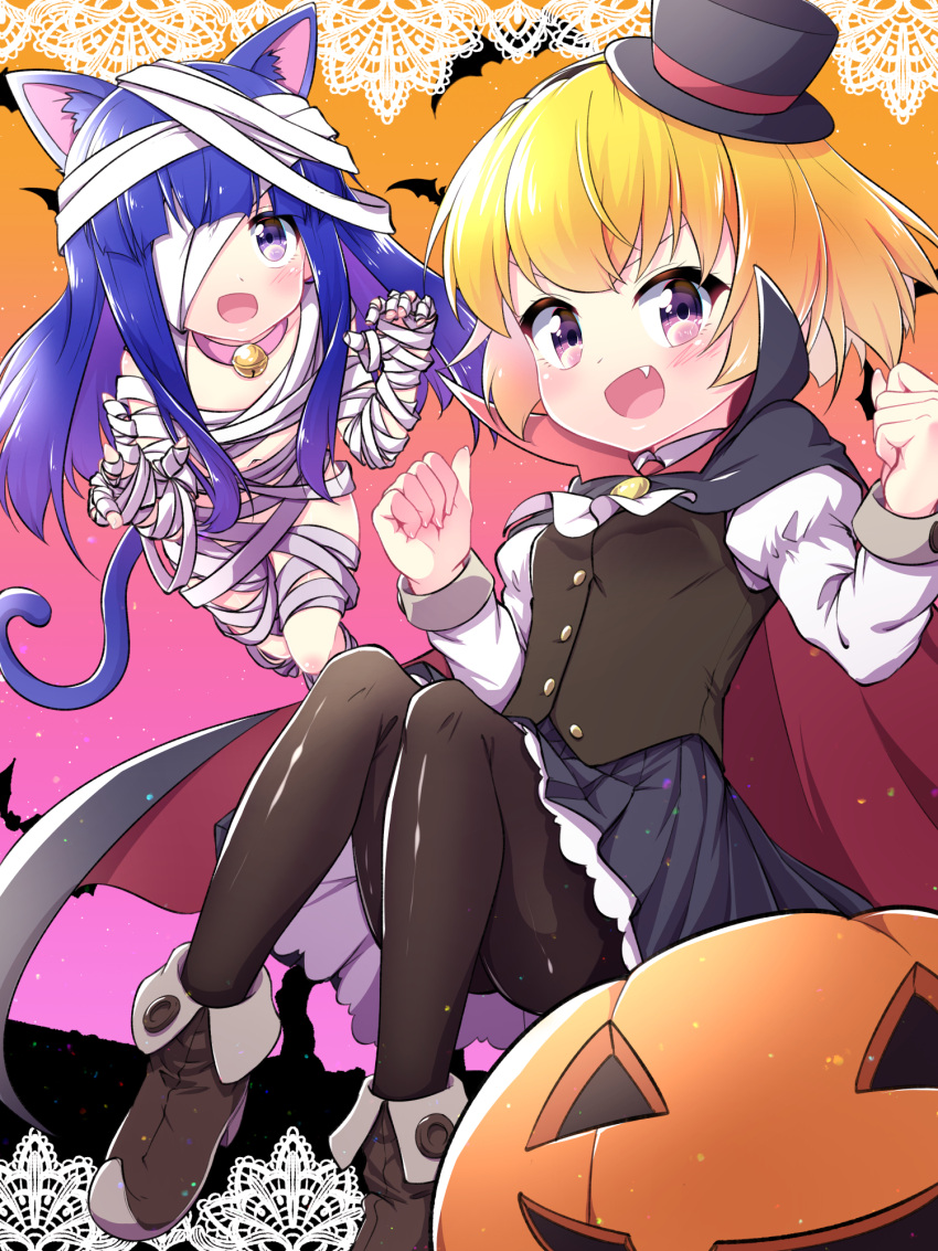2girls animal_ears bandage_over_one_eye bandaged_head bandages bat_(animal) bell black_cape black_footwear black_headwear black_pantyhose black_vest blonde_hair blue_hair border buttons cape cat_ears cat_tail claw_pose clenched_hands collar colored_inner_hair commentary english_commentary fang furude_rika gradient gradient_background grey_skirt halloween halloween_costume hands_up hat hazumi_otoya highres higurashi_no_naku_koro_ni houjou_satoko jack-o'-lantern lace_trim long_hair long_sleeves looking_at_viewer mini_hat mixed-language_commentary multicolored_hair multiple_girls mummy_costume neck_bell open_mouth orange_background pantyhose pink_background pink_collar pumpkin purple_hair red_cape shirt short_hair skirt smile tail tongue top_hat two-sided_cape two-sided_fabric vampire_costume vest violet_eyes white_shirt