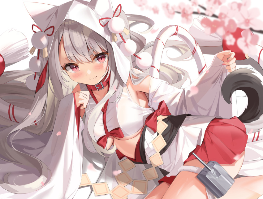 1girl azur_lane breasts closed_mouth collar commentary_request detached_sleeves eyebrows_visible_through_hair fang fingernails grey_hair highres hood kyonta long_hair lying medium_breasts official_alternate_costume on_side red_collar red_eyes red_skirt skin_fang skirt slit_pupils smile solo tail thick_eyebrows thighs under_boob wide_sleeves wolf_girl wolf_hood wolf_tail yuudachi_(azur_lane) yuudachi_(the_bride_of_solomon)_(azur_lane)