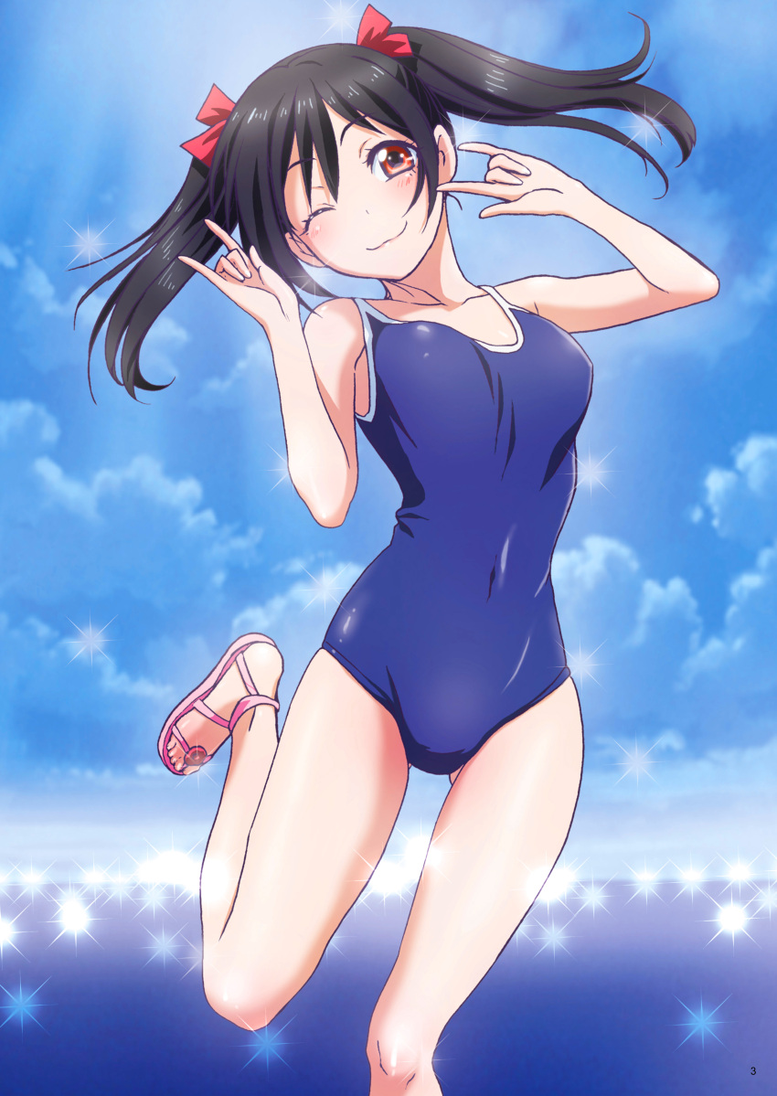 1girl ;3 absurdres ass_visible_through_thighs black_hair blue_sky blue_swimsuit bouncing_breasts bow breasts clouds collarbone day floating_hair hair_bow highres long_hair looking_at_viewer love_live! love_live!_school_idol_project medium_breasts nanno_koto ocean one_eye_closed outdoors page_number red_bow red_eyes school_swimsuit shiny shiny_hair sky smile solo sparkle standing standing_on_one_leg swimsuit twintails yazawa_nico