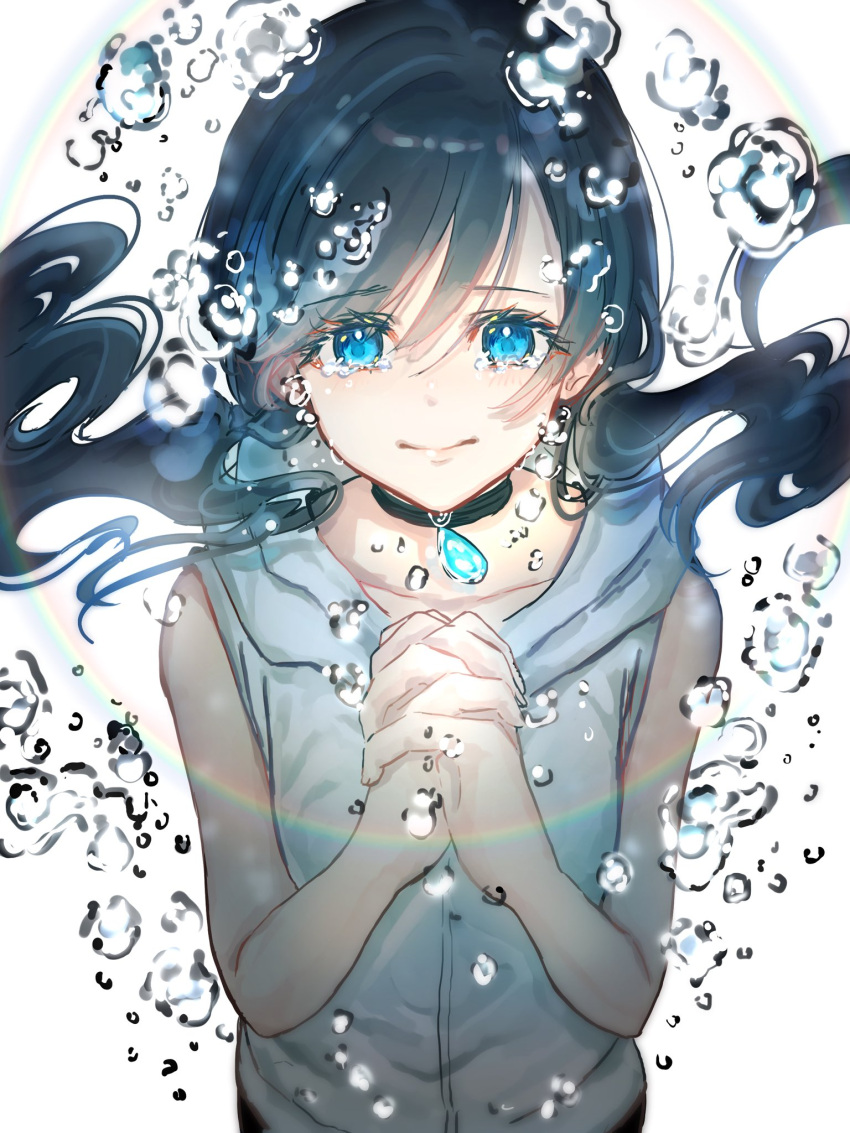 1girl air_bubble amano_hina_(tenki_no_ko) bare_arms black_choker black_hair blue_eyes bubble choker closed_mouth collarbone commentary_request hands_clasped highres hood hoodie lens_flare long_hair nanaponi own_hands_together simple_background sleeveless sleeveless_hoodie solo tearing_up tears tenki_no_ko twintails upper_body white_background white_hoodie