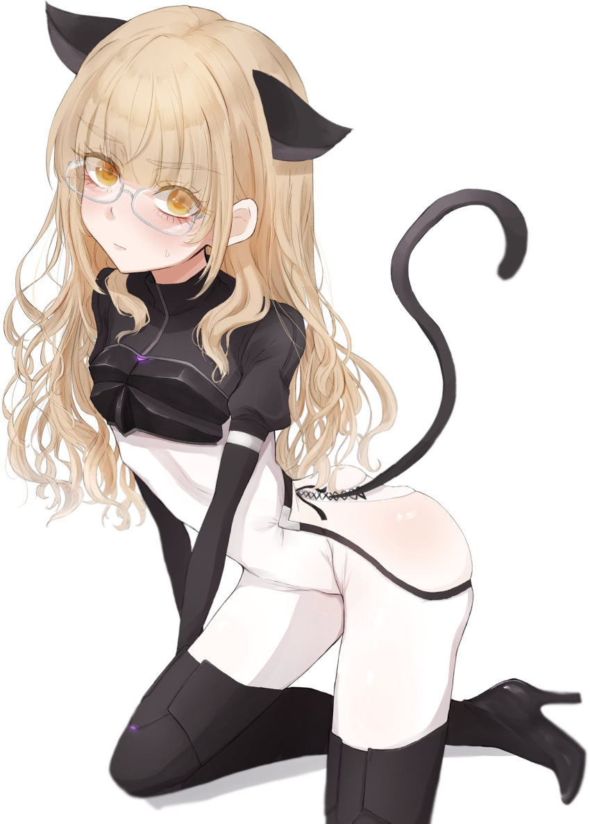 1girl alice_gear_aegis animal_ears blonde_hair blush bodysuit cat_ears closed_mouth commentary_request glasses high_heels highres long_hair looking_at_viewer perrine_h._clostermann sikisikisikibu solo strike_witches sweat tail white_background world_witches_series yellow_eyes