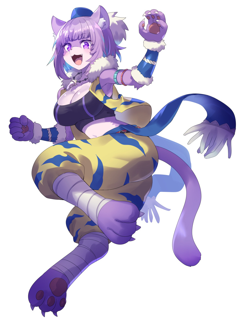 1girl absurdres animal_ears bandages breasts cat_ears cat_tail claws cosplay crop_top fang_necklace fangs furry furry_female hat highres hololive kevin_(seiken_densetsu_3) kevin_(seiken_densetsu_3)_(cosplay) large_breasts navel nekomata_okayu puffy_pants purple_hair sash seiken_densetsu seiken_densetsu_3 sleeveless sleeveless_jacket tail tomoyohi violet_eyes virtual_youtuber white_background