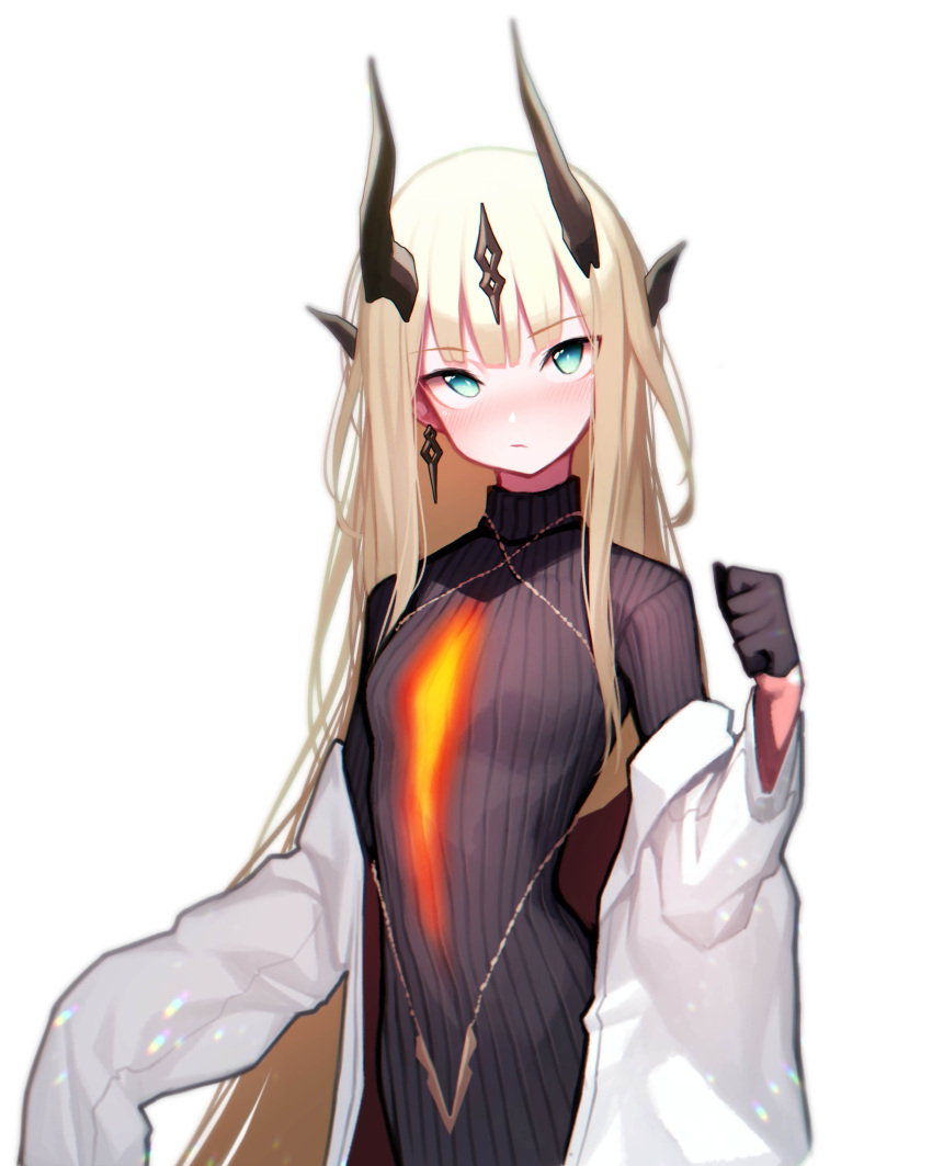 1girl absurdres arknights beudelb black_gloves black_sweater blonde_hair blush commentary dragon_horns earrings gloves hair_ornament hand_up highres horns jacket jewelry korean_commentary long_hair long_sleeves looking_at_viewer open_clothes open_jacket reed_(arknights) ribbed_sweater simple_background solo sweater upper_body white_background white_jacket