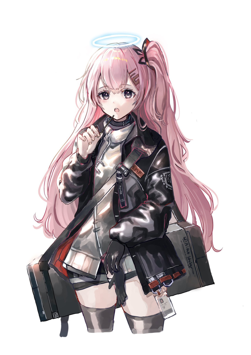 1girl ambriel_(arknights) arknights black_gloves black_jacket black_legwear commentary_request cropped_legs eyebrows_visible_through_hair food gloves gloves_removed grey_eyes grey_shirt hair_ornament hairclip halo hand_up highres jacket long_hair long_sleeves looking_at_viewer nanaponi one_side_up open_mouth pink_hair pocky shirt single_glove solo thigh-highs weapon_case