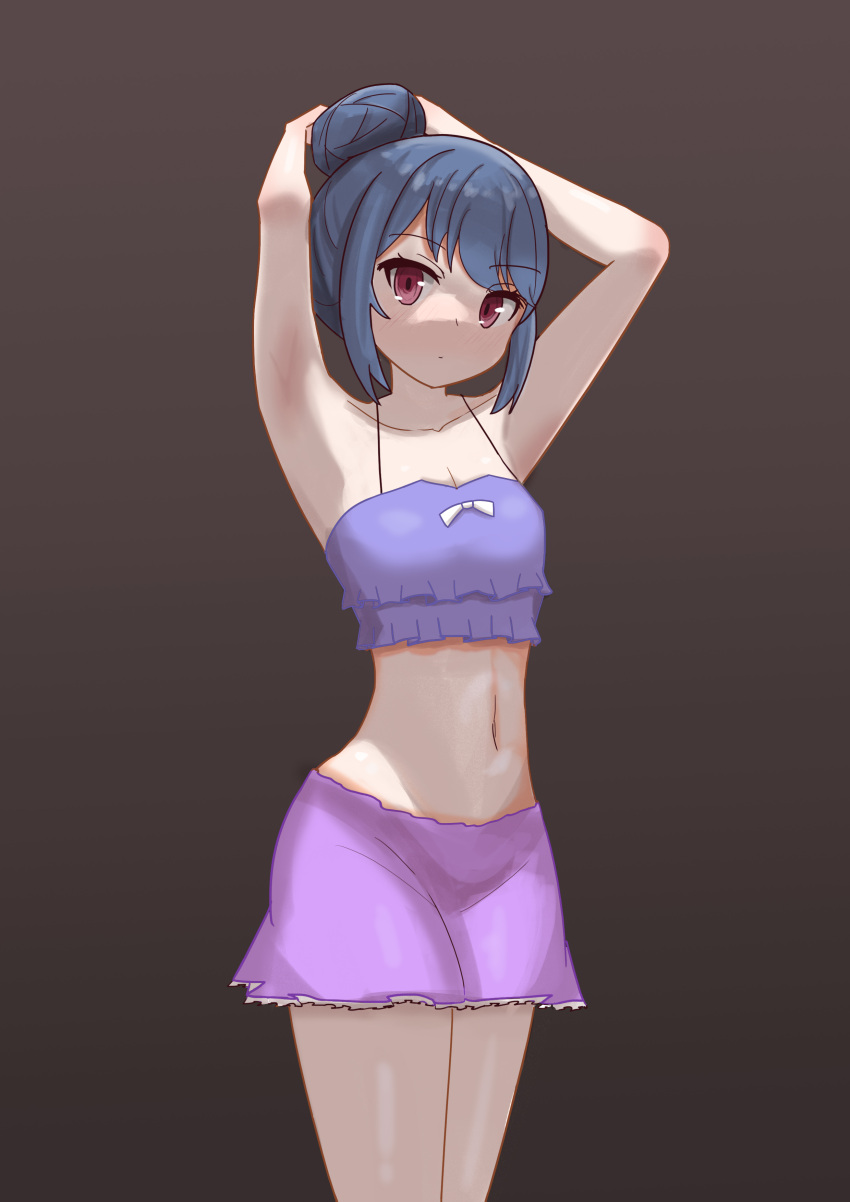 1girl absurdres armpits arms_up bangs blue_hair bow breasts brown_background commentary doluluda eyebrows_visible_through_hair hair_bun highres looking_at_viewer navel presenting_armpit purple_swimsuit shima_rin simple_background small_breasts solo stomach swimsuit violet_eyes yurucamp
