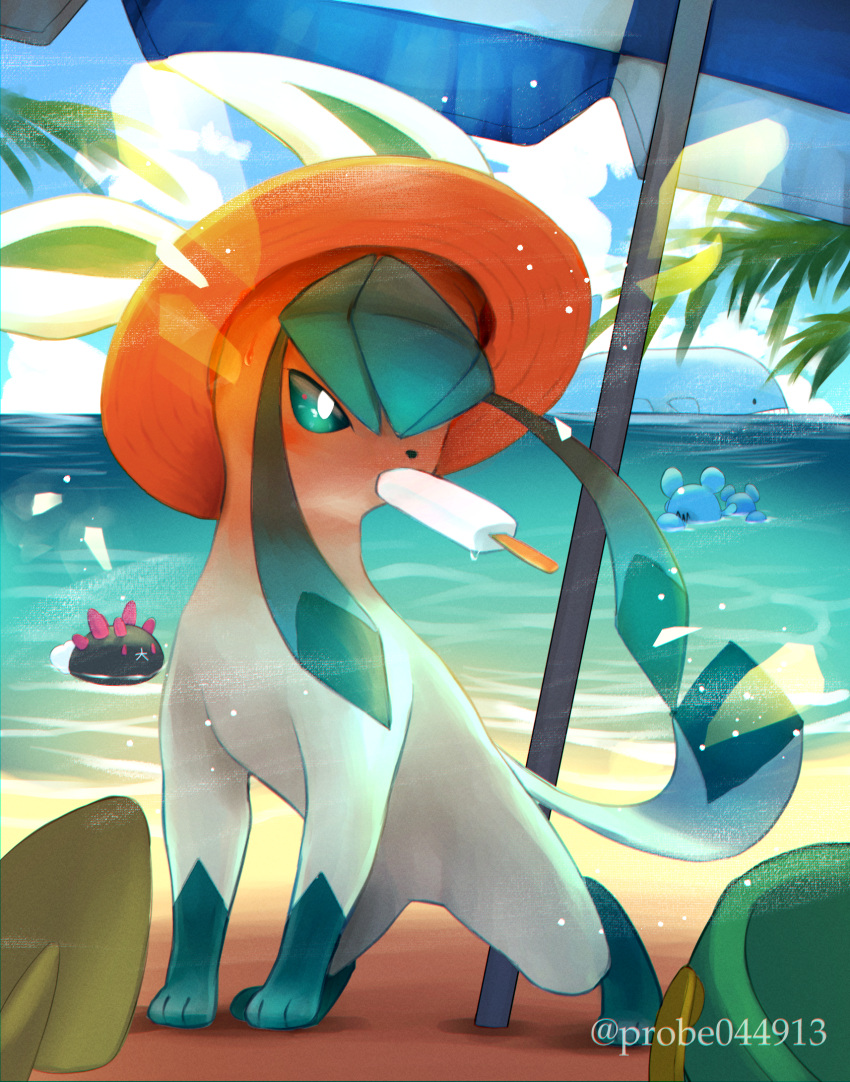 azurill beach_umbrella blush clouds commentary_request day eating food gen_2_pokemon gen_3_pokemon gen_4_pokemon gen_7_pokemon glaceon green_eyes hatted_pokemon highres looking_to_the_side marill mouth_hold orange_headwear outdoors pokemon pokemon_(creature) popsicle popsicle_stick purobe pyukumuku sky standing toes umbrella wailord