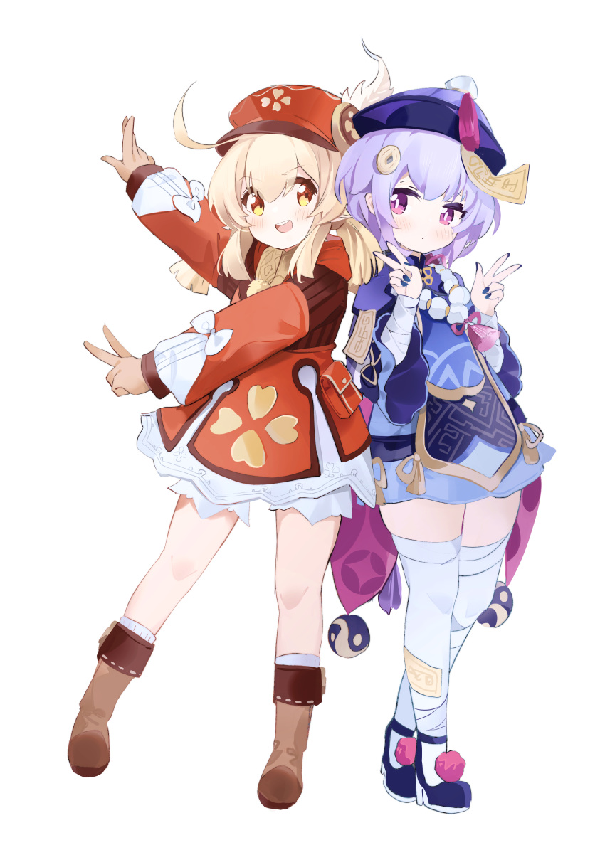 2girls :d absurdres ahoge bangs bead_necklace beads blood blood_on_face boots braid braided_ponytail brown_footwear brown_gloves brown_scarf cabbie_hat cape chinese_clothes clover_print coat coin_hair_ornament coria double_v eyebrows_visible_through_hair full_body genshin_impact gloves hair_between_eyes hat hat_feather hat_ornament highres hooded_coat jewelry jiangshi klee_(genshin_impact) knee_boots kneeling long_hair long_sleeves looking_at_viewer low_ponytail multiple_girls necklace ofuda open_mouth orb pocket pose purple_hair qing_guanmao qiqi_(genshin_impact) red_coat red_headwear scarf sidelocks simple_background single_braid smile standing thigh-highs v v-shaped_eyebrows violet_eyes white_background white_legwear yin_yang yin_yang_orb zettai_ryouiki