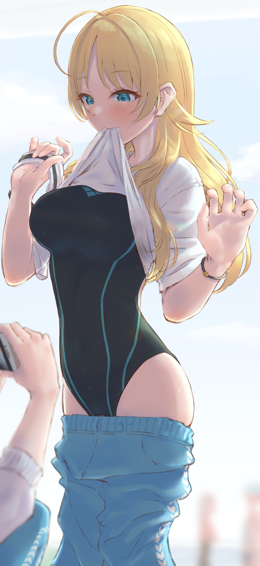 1girl 1other absurdres ahoge blonde_hair blue_eyes blue_pants breasts clothes_pull commentary_request competition_swimsuit cowboy_shot hachimiya_meguru highleg highleg_swimsuit highres idolmaster idolmaster_shiny_colors long_hair low_twintails medium_breasts one-piece_swimsuit pants pants_pull shirt simple_background standing swimsuit swimsuit_under_clothes t-shirt track_pants twintails umirororo white_background white_shirt