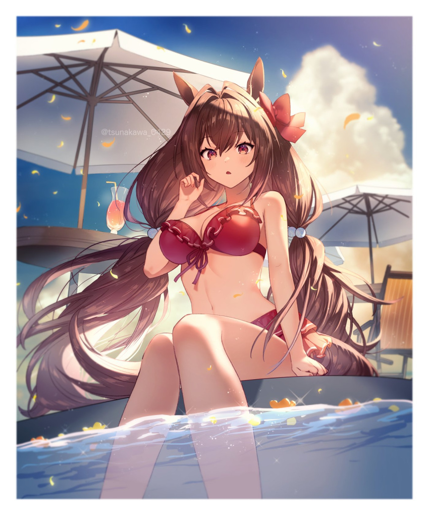 1girl :o animal_ears bikini blue_sky bow breasts brown_hair clouds commentary_request cup daiwa_scarlet_(umamusume) day drink drinking_glass drinking_straw hair_bow highres horse_ears horse_girl horse_tail large_breasts long_hair looking_at_viewer low_twintails navel parasol partially_submerged petals pool red_bikini red_bow red_eyes sitting sky solo swimsuit tail tsunakawa twintails twitter_username umamusume umbrella very_long_hair water