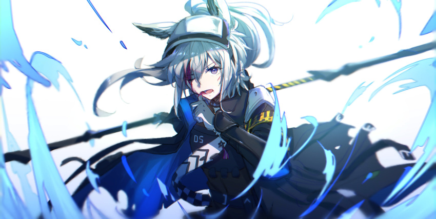 1girl absurdres animal_ears arknights armband blood blood_from_mouth blood_in_hair blood_on_face blue_gloves chinese_commentary commentary_request gloves grani_(arknights) grey_hair hand_up highres holding holding_polearm holding_spear holding_weapon horse_ears jacket long_hair looking_at_viewer one_eye_closed polearm simple_background solo spear upper_body violet_eyes visor_cap weapon white_background yumuto_(spring1786)