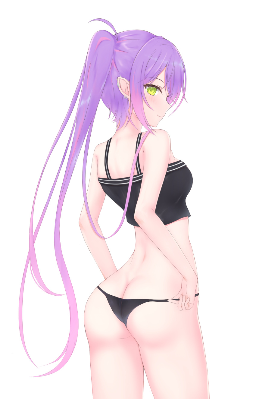 1girl adjusting_clothes adjusting_panties ass bangs bare_arms black_panties black_tank_top breasts butt_crack chocomaru commentary ear_piercing green_eyes highres hololive light_blush long_hair looking_at_viewer looking_back multicolored_hair panties piercing pointy_ears sidelocks simple_background sleeveless small_breasts smile solo tank_top tokoyami_towa twintails two-tone_hair underwear virtual_youtuber white_background