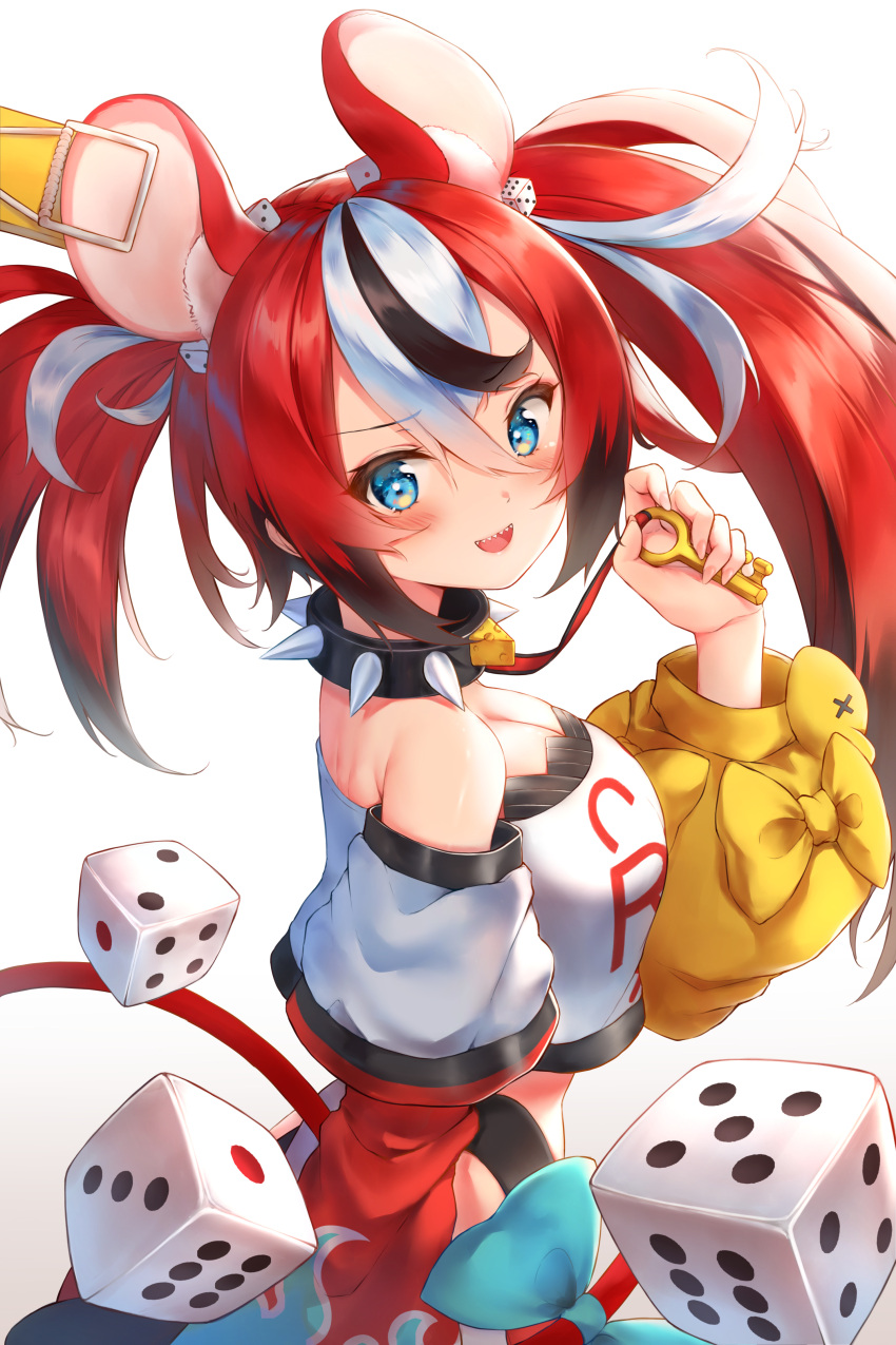 1girl absurdres animal_ears asymmetrical_sleeves bare_shoulders blue_eyes bow breasts cheese collar dice dice_hair_ornament food from_side hair_ornament hakos_baelz highres holocouncil hololive hololive_english ijac_ray key key_necklace looking_at_viewer medium_breasts midriff mouse mouse_ears mouse_girl mouse_tail mousetrap multicolored_hair open_mouth rat sharp_teeth smile spiked_collar spikes streaked_hair tail tail_bow tail_ornament teeth upper_body virtual_youtuber