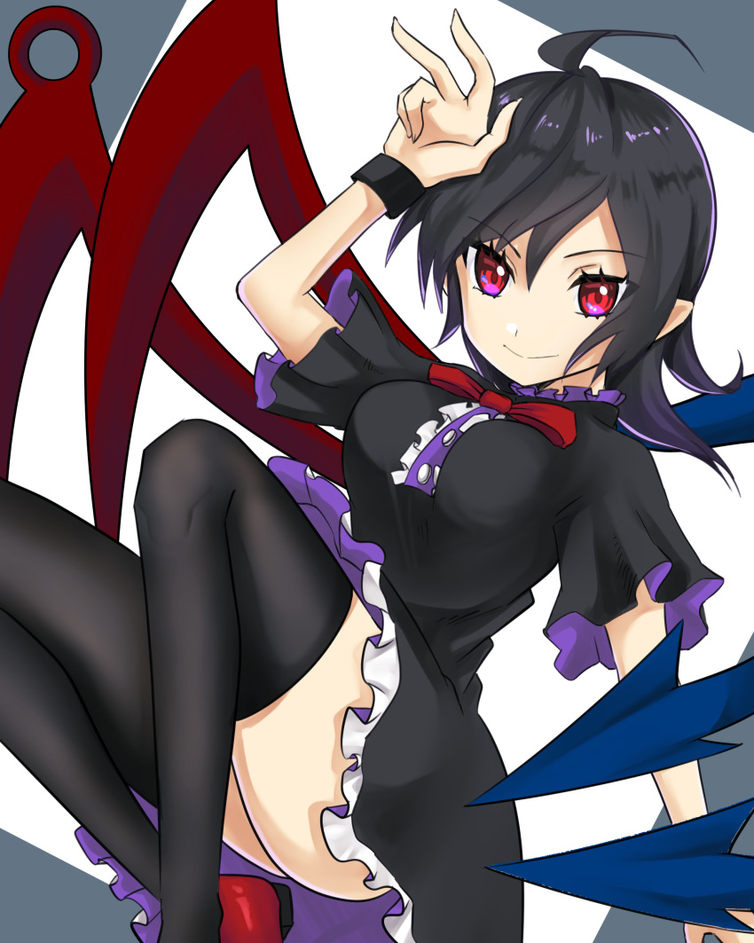 1girl absurdres ahoge asymmetrical_wings bangs black_dress black_legwear blue_wings bow bowtie breasts buttons center_frills closed_mouth commentary_request dress eyebrows_visible_through_hair feet_out_of_frame frilled_dress frills grey_background highres houjuu_nue looking_at_viewer mary_janes medium_breasts medium_hair pointy_ears purple_dress red_bow red_eyes red_footwear red_neckwear red_wings shoes short_dress short_sleeves smile solo thigh-highs touhou two-sided_dress two-tone_background white_background wings wristband yuuki510510