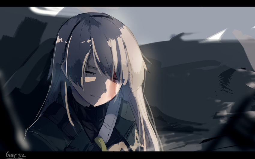 1girl absurdres artist_name bangs black_hairband blood blood_on_face closed_eyes closed_mouth day gar32 girls_frontline green_jacket grey_hair hair_between_eyes hairband highres jacket light light_smile long_hair outdoors smile solo ump40_(girls_frontline) upper_body