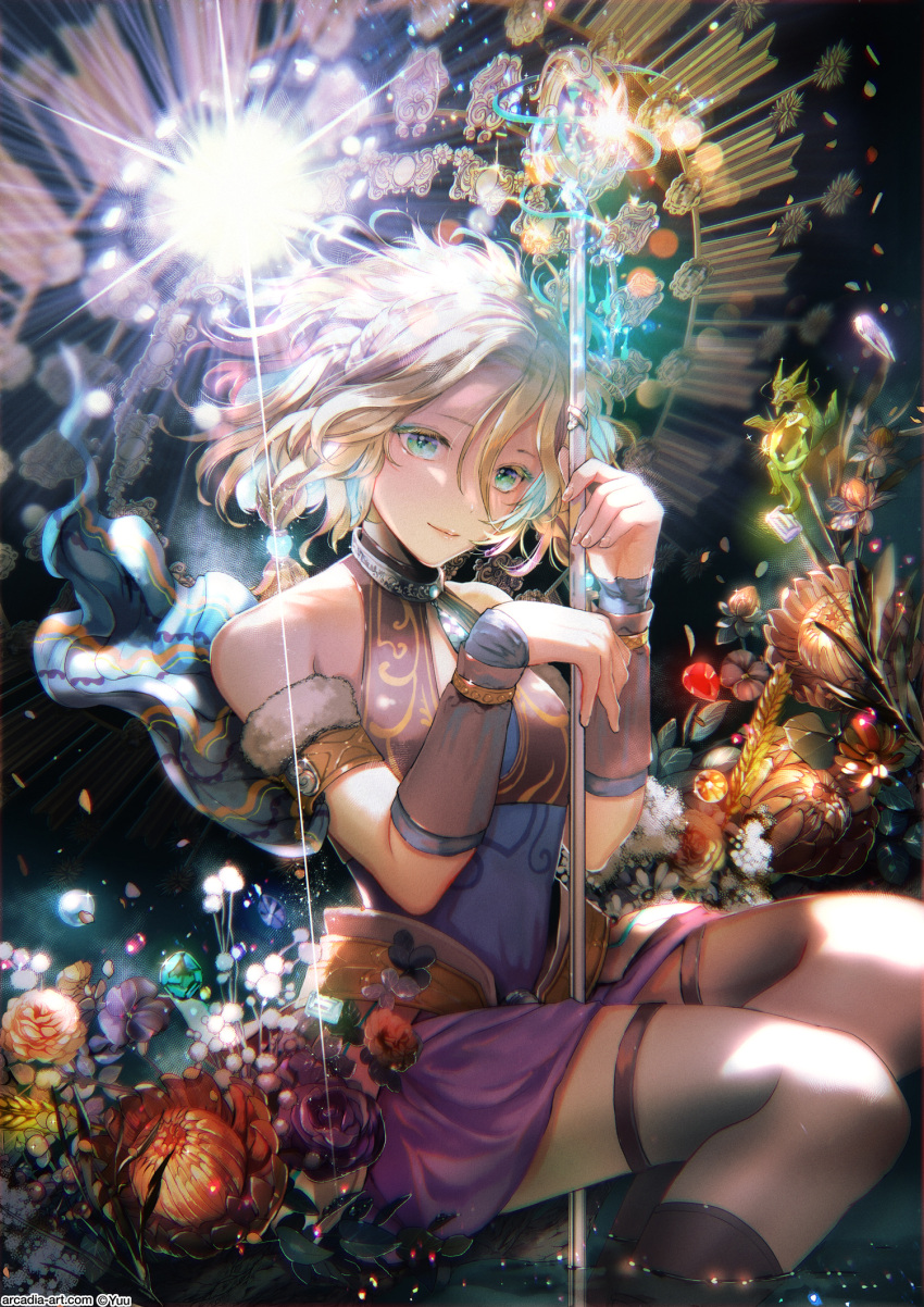 1girl armlet artist_name bare_shoulders blonde_hair blue_hair braid breasts commission dress duel_monster feet_out_of_frame fingernails flower glowing_staff green_eyes highres holding holding_staff jewelry multicolored_hair neck_ring older pixiv_request purple_hair ritual_beast_tamer_wen short_hair sitting sleeveless solo staff thigh-highs yu-gi-oh! yuu_(arcadia)