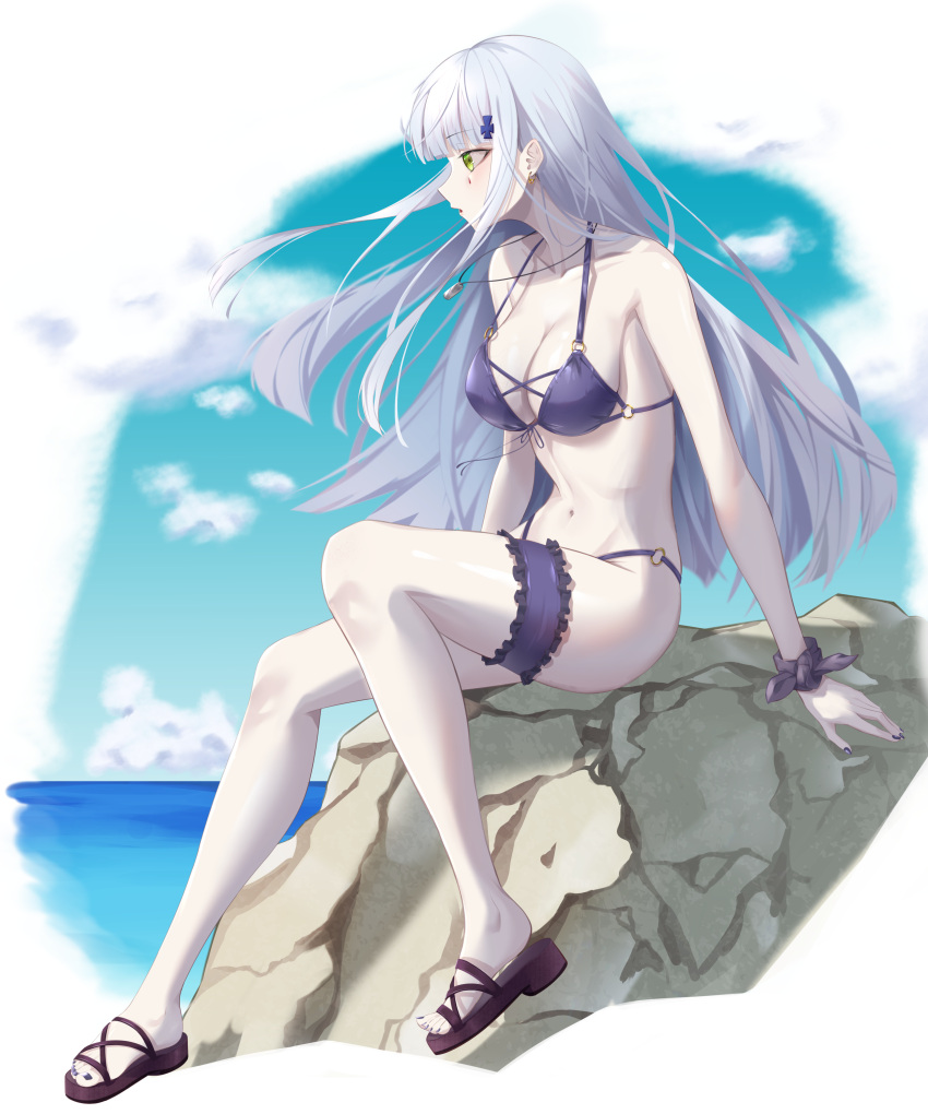 1girl absurdres bikini blue_bikini breasts earrings facial_mark front-tie_bikini front-tie_top girls_frontline green_eyes highres hk416_(girls_frontline) jewelry leg_garter long_hair medium_breasts nail_polish o-ring o-ring_bikini o-ring_bottom o-ring_top purple_nails sandals silver_hair sitting solo swimsuit teardrop teardrop_tattoo toenail_polish toenails weisskaeppchen