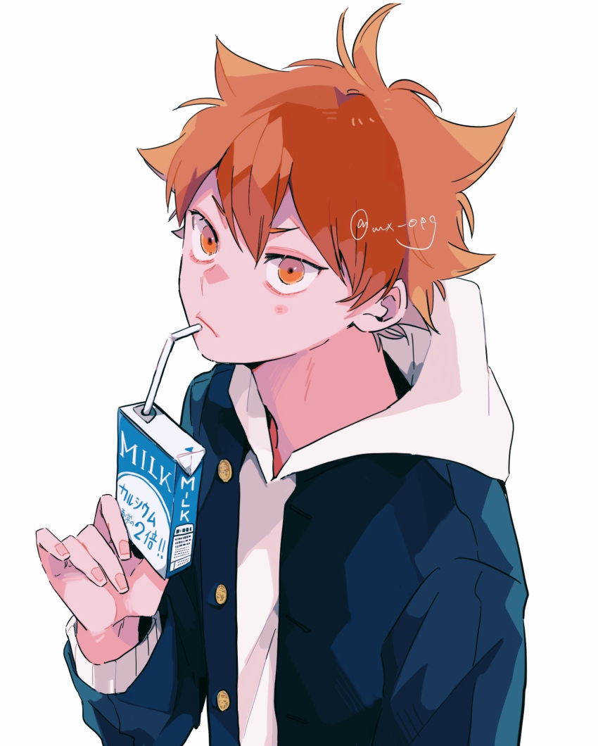 1boy bangs buttons drinking_straw haikyuu!! highres hinata_shouyou holding hood hoodie long_sleeves looking_at_viewer male_focus mikuwwwm milk_carton orange_eyes orange_hair short_hair simple_background solo twitter_username upper_body white_background